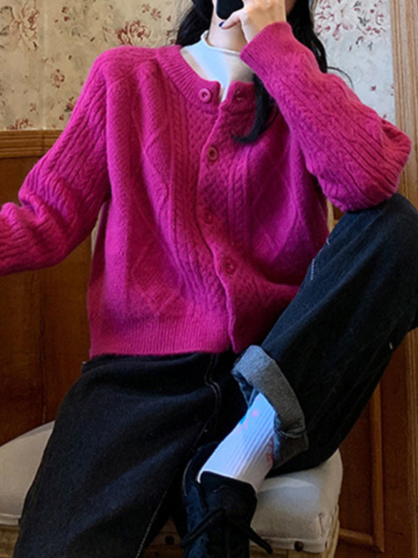 retro gentle solid color round neck twist knitted cardigan loose short sweater jacket kakaclo