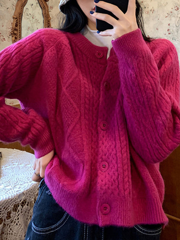 retro gentle solid color round neck twist knitted cardigan loose short sweater jacket kakaclo