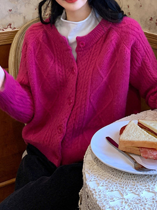 retro gentle solid color round neck twist knitted cardigan loose short sweater jacket kakaclo