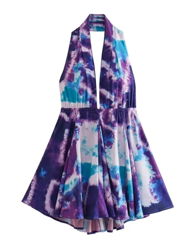 Blue Zone Planet | Isabella's Printed Halter Neck V-Neck Spaghetti Strap Short Dress BLUE ZONE PLANET