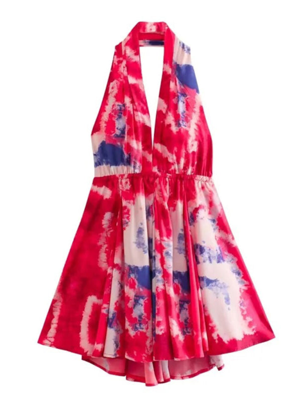 Blue Zone Planet | Isabella's Printed Halter Neck V-Neck Spaghetti Strap Short Dress BLUE ZONE PLANET