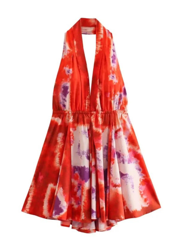 Blue Zone Planet | Isabella's Printed Halter Neck V-Neck Spaghetti Strap Short Dress BLUE ZONE PLANET