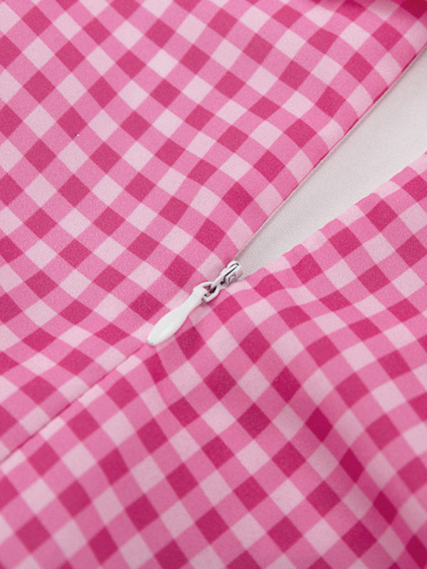plaid doll collar long-sleeved A-line dress with stylish design kakaclo