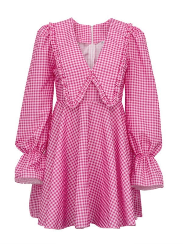 plaid doll collar long-sleeved A-line dress with stylish design kakaclo