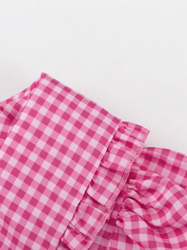 plaid doll collar long-sleeved A-line dress with stylish design kakaclo