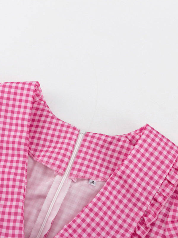 plaid doll collar long-sleeved A-line dress with stylish design kakaclo