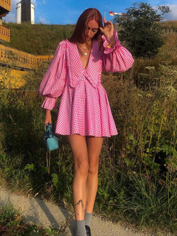 plaid doll collar long-sleeved A-line dress with stylish design kakaclo