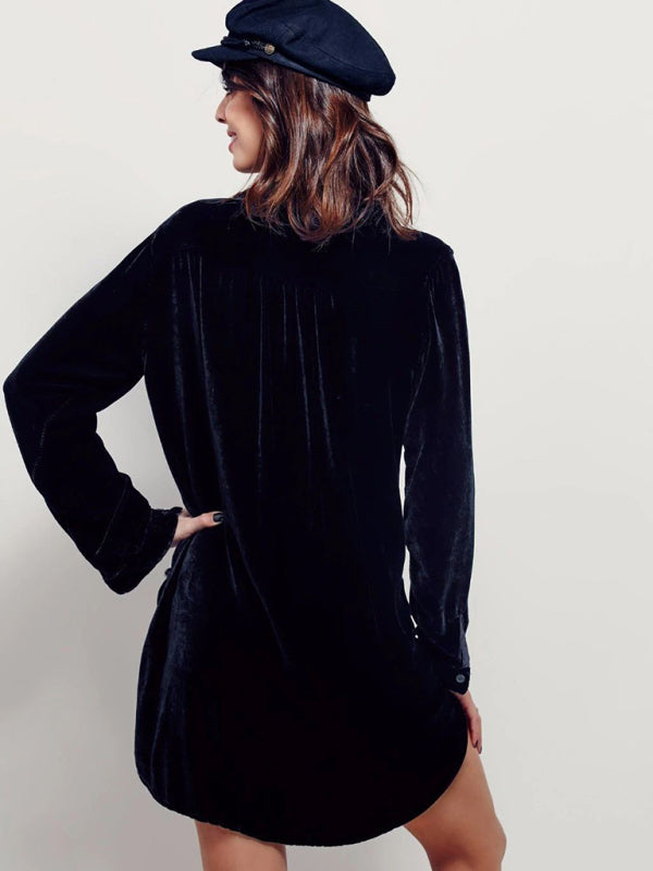 Blue Zone Planet |  solid color V-neck loose long-sleeved gold velvet shirt dress BLUE ZONE PLANET