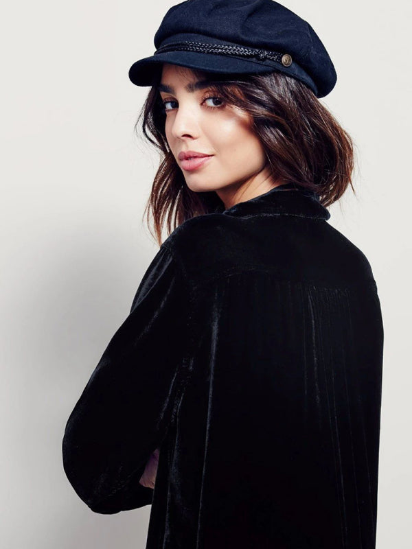 Blue Zone Planet |  solid color V-neck loose long-sleeved gold velvet shirt dress BLUE ZONE PLANET