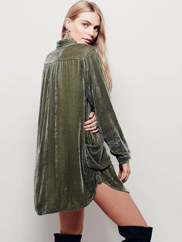 Blue Zone Planet |  solid color V-neck loose long-sleeved gold velvet shirt dress BLUE ZONE PLANET