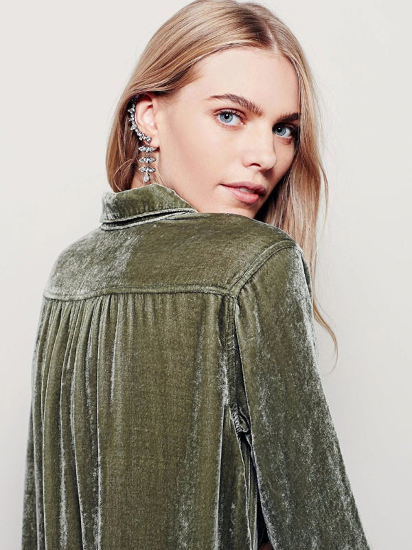 Blue Zone Planet |  solid color V-neck loose long-sleeved gold velvet shirt dress BLUE ZONE PLANET