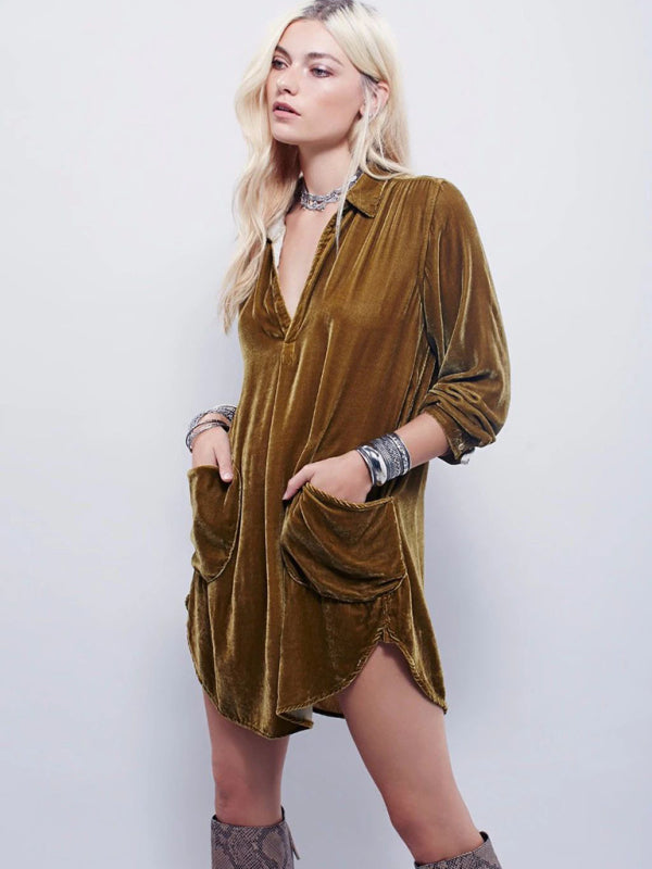Blue Zone Planet |  solid color V-neck loose long-sleeved gold velvet shirt dress BLUE ZONE PLANET