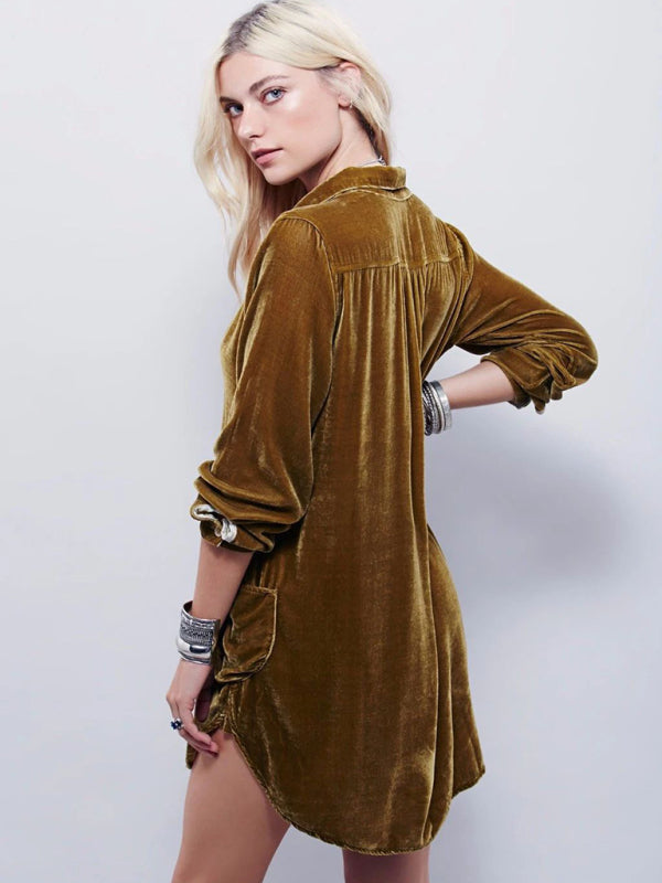 Blue Zone Planet |  solid color V-neck loose long-sleeved gold velvet shirt dress BLUE ZONE PLANET