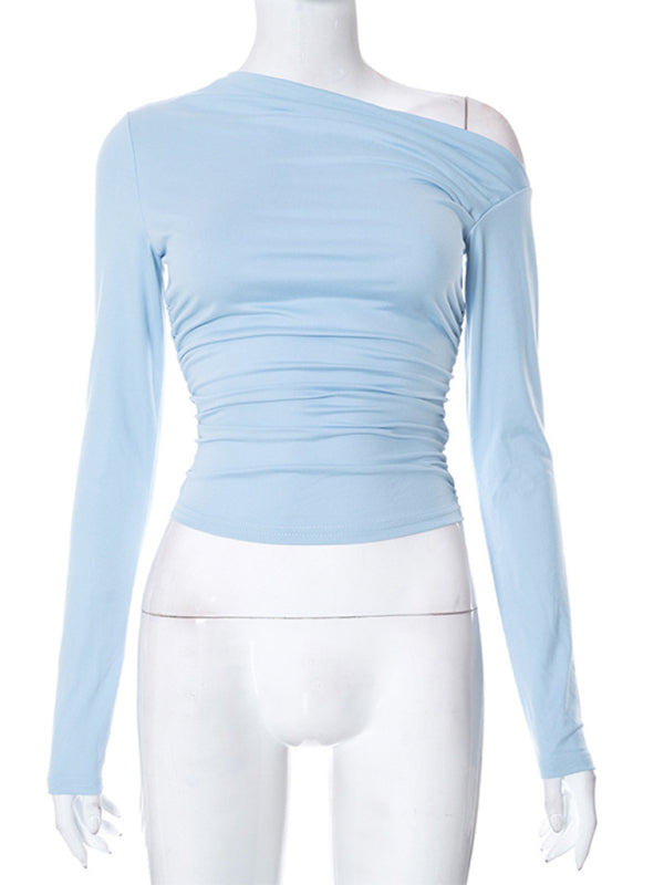 Blue Zone Planet | Off-shoulder long-sleeved gathered midriff-baring knit top BLUE ZONE PLANET