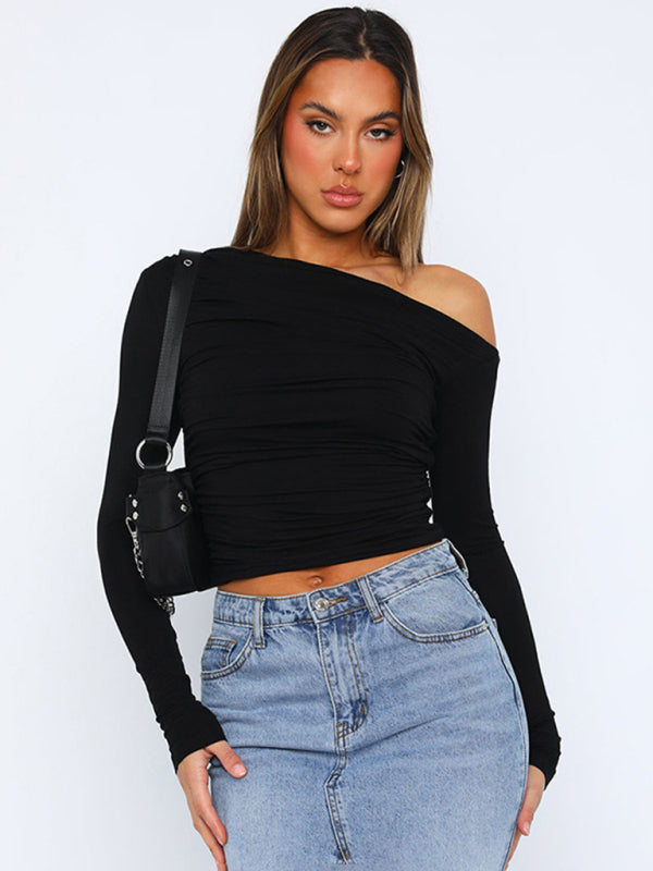 Blue Zone Planet | Off-shoulder long-sleeved gathered midriff-baring knit top BLUE ZONE PLANET