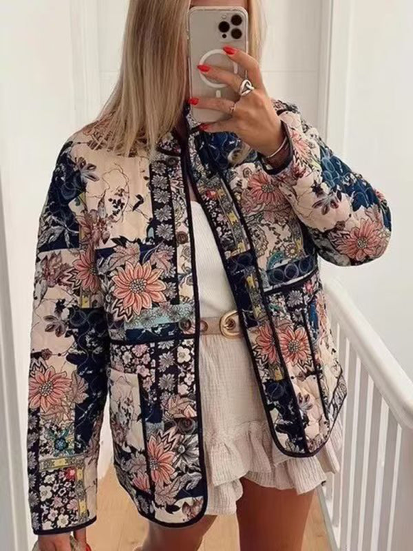stand collar printed quilted jacket kakaclo