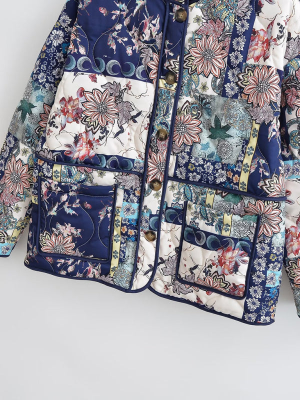 stand collar printed quilted jacket kakaclo