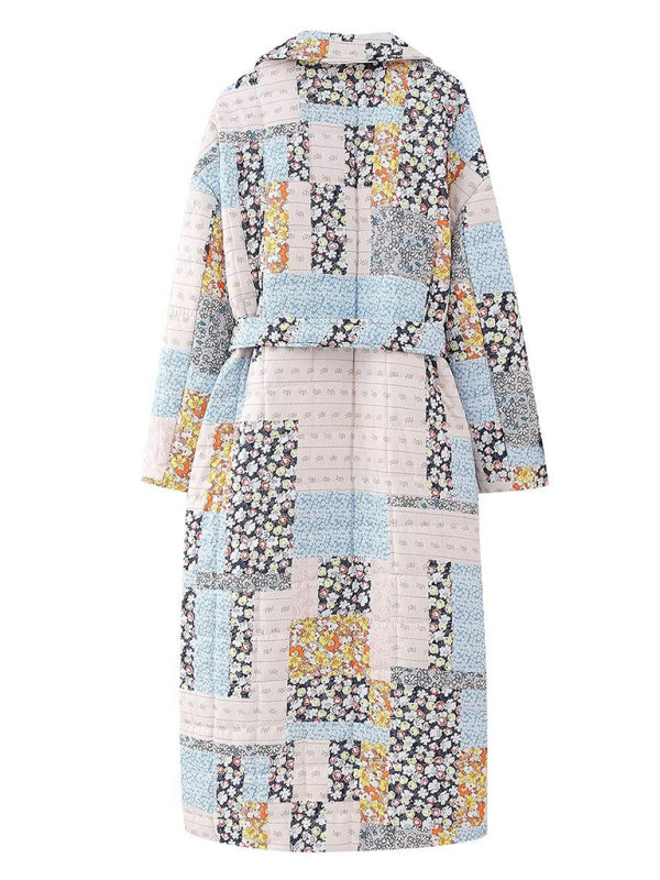 printed belted long quilted jacket kakaclo