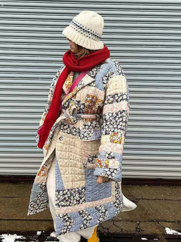 printed belted long quilted jacket kakaclo