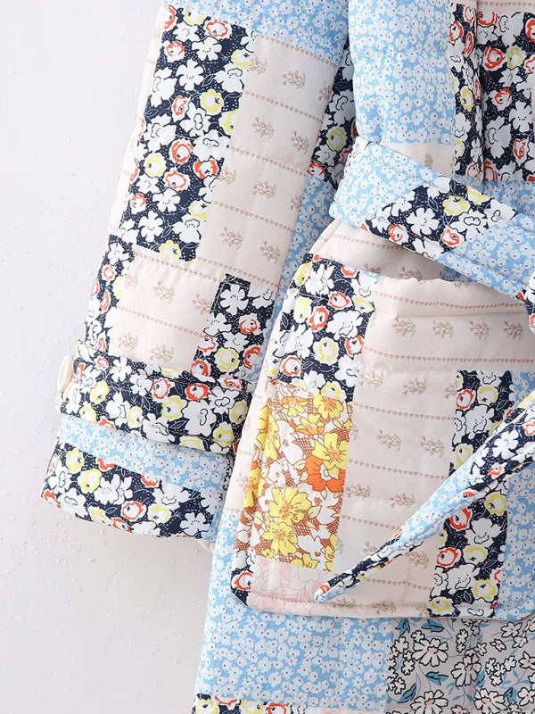 printed belted long quilted jacket kakaclo