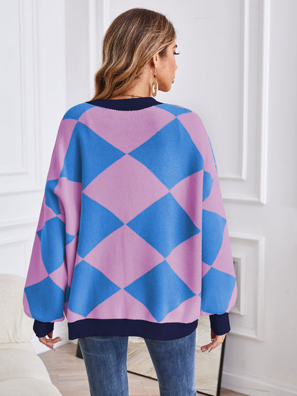 Blue Zone Planet | V-neck geometric splicing loose jacket cardigan BLUE ZONE PLANET