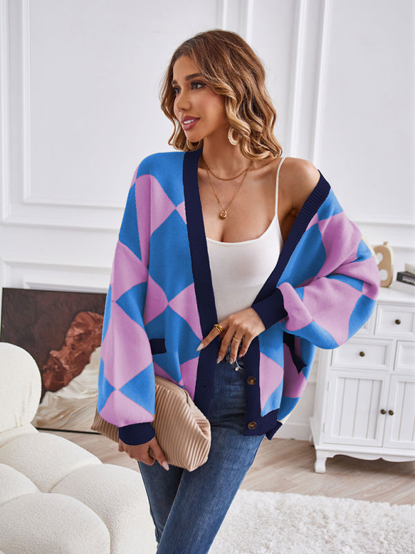Blue Zone Planet | V-neck geometric splicing loose jacket cardigan BLUE ZONE PLANET