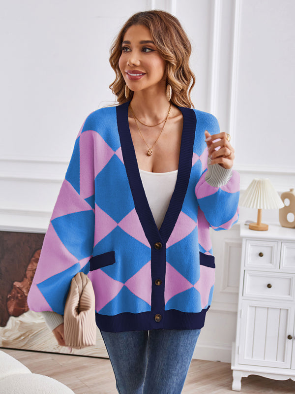 Blue Zone Planet | V-neck geometric splicing loose jacket cardigan BLUE ZONE PLANET