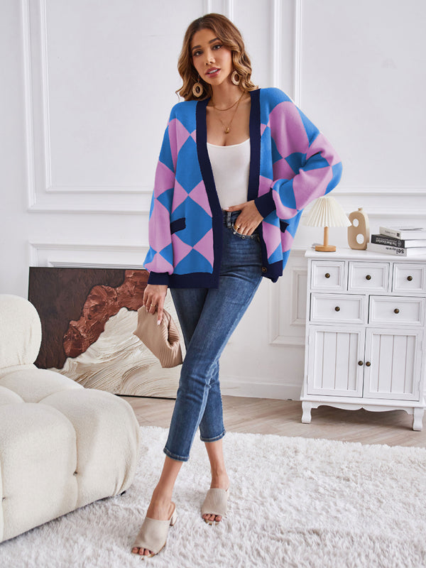 Blue Zone Planet | V-neck geometric splicing loose jacket cardigan BLUE ZONE PLANET