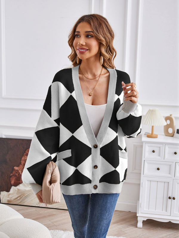 Blue Zone Planet | V-neck geometric splicing loose jacket cardigan BLUE ZONE PLANET