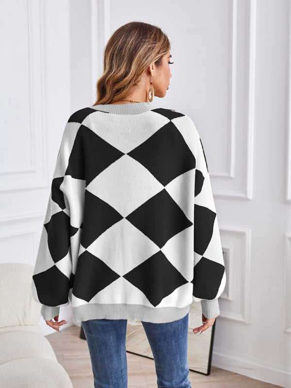 Blue Zone Planet | V-neck geometric splicing loose jacket cardigan BLUE ZONE PLANET