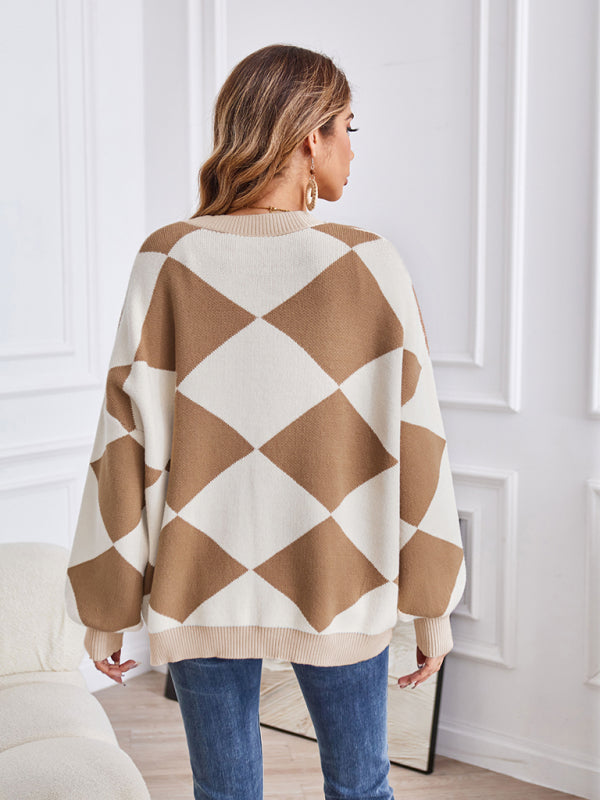 Blue Zone Planet | V-neck geometric splicing loose jacket cardigan BLUE ZONE PLANET