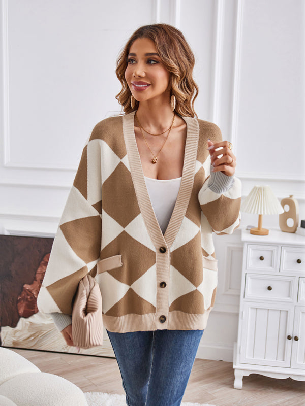 Blue Zone Planet | V-neck geometric splicing loose jacket cardigan BLUE ZONE PLANET