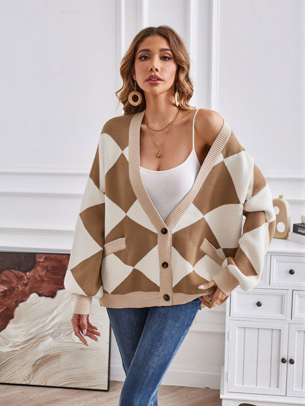 Blue Zone Planet | V-neck geometric splicing loose jacket cardigan BLUE ZONE PLANET