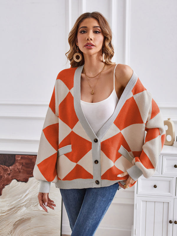 Blue Zone Planet | V-neck geometric splicing loose jacket cardigan BLUE ZONE PLANET