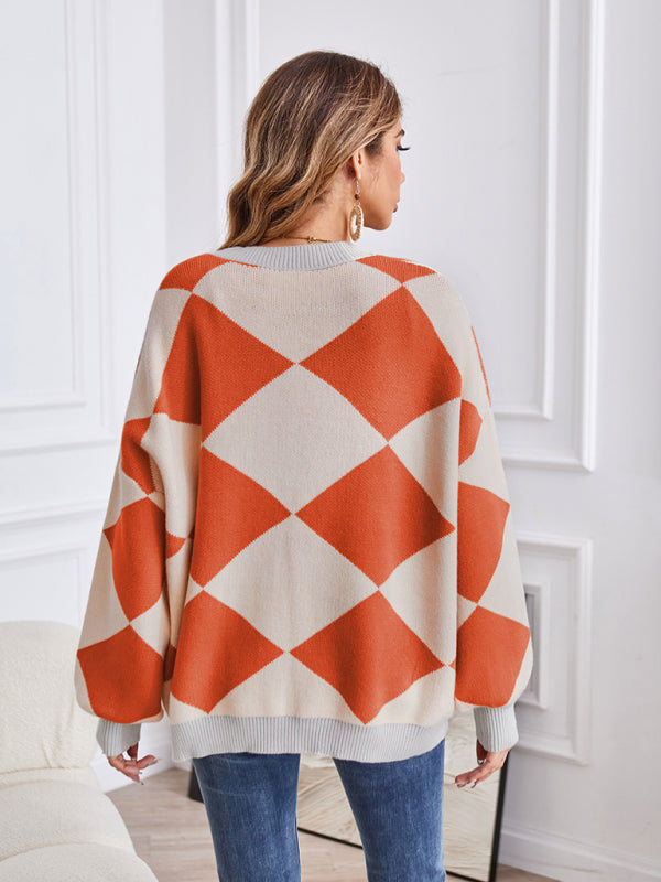 Blue Zone Planet | V-neck geometric splicing loose jacket cardigan BLUE ZONE PLANET