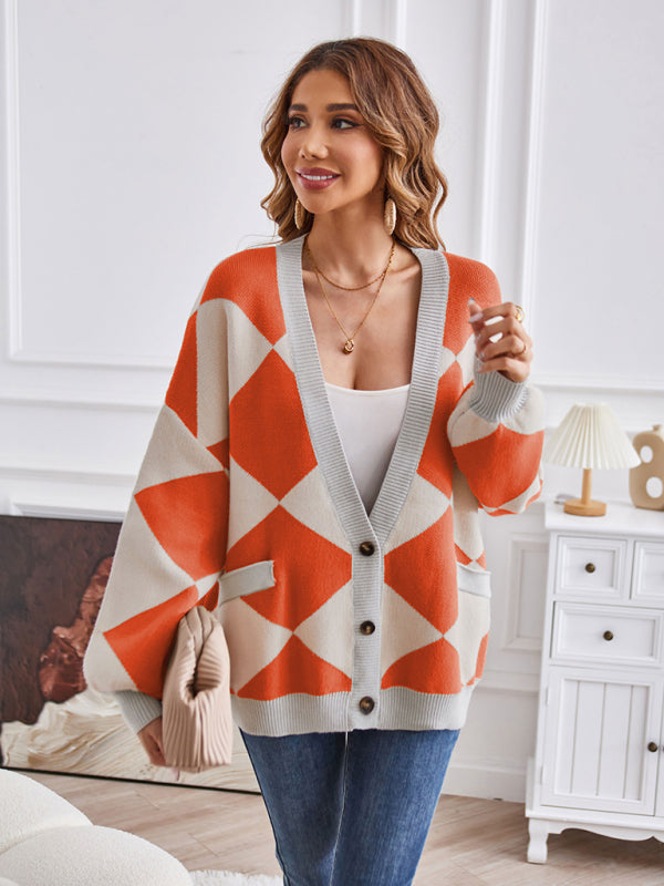 Blue Zone Planet | V-neck geometric splicing loose jacket cardigan BLUE ZONE PLANET