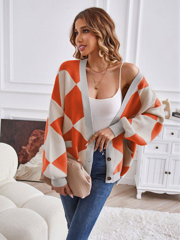 Blue Zone Planet | V-neck geometric splicing loose jacket cardigan BLUE ZONE PLANET