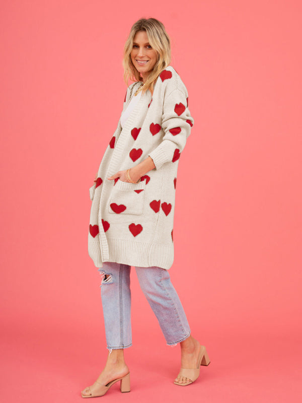 knitted love pocket V-neck mid-length cardigan kakaclo