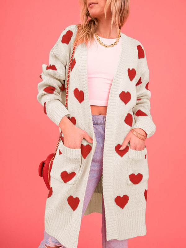 knitted love pocket V-neck mid-length cardigan kakaclo