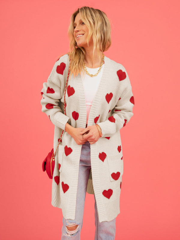 knitted love pocket V-neck mid-length cardigan kakaclo