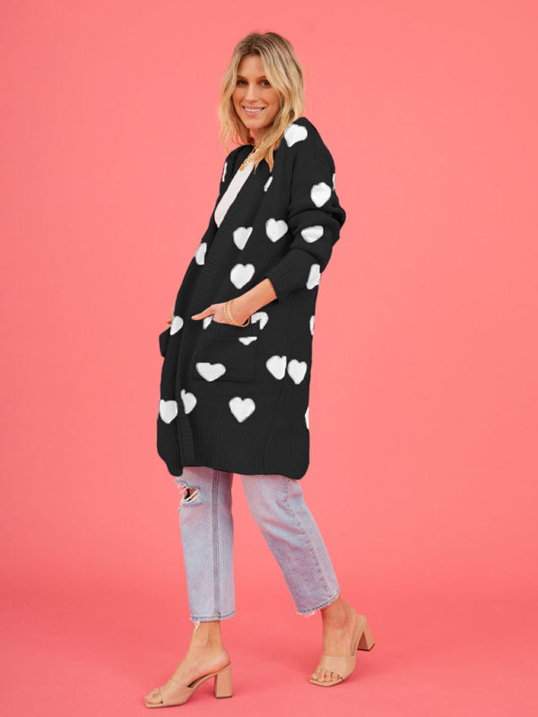 knitted love pocket V-neck mid-length cardigan kakaclo
