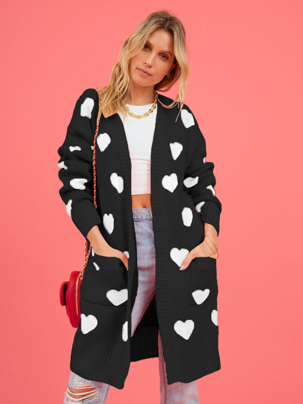 knitted love pocket V-neck mid-length cardigan kakaclo