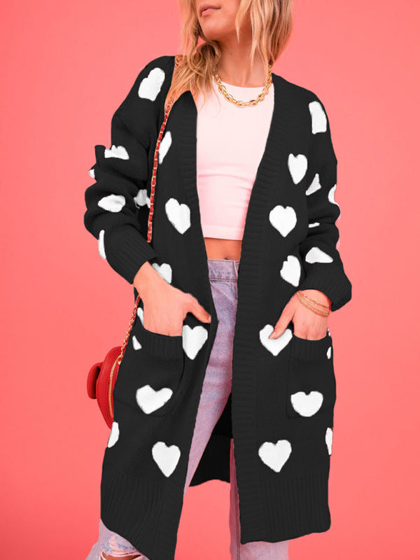 knitted love pocket V-neck mid-length cardigan kakaclo