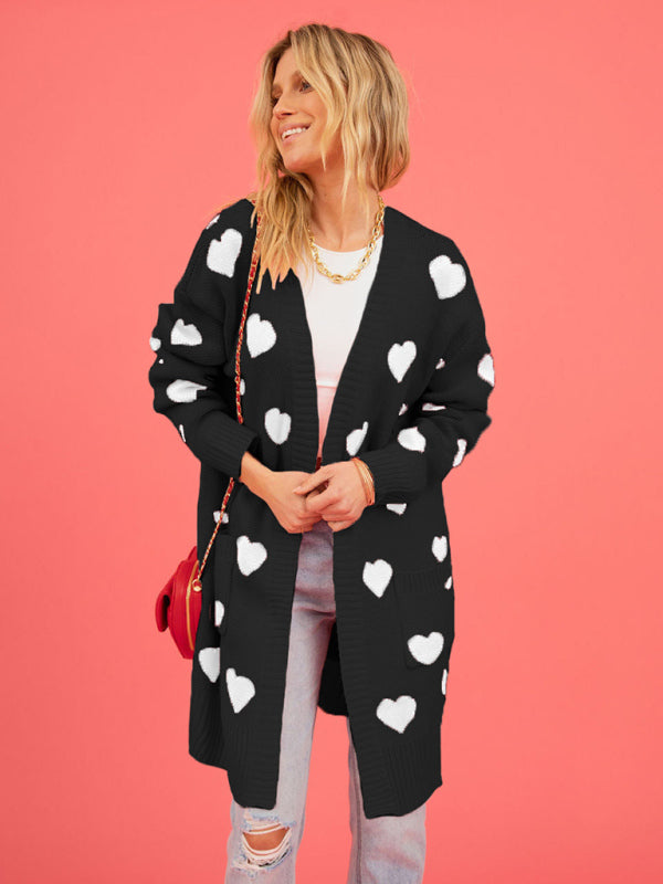 knitted love pocket V-neck mid-length cardigan kakaclo