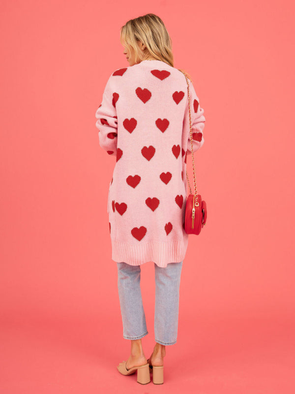 knitted love pocket V-neck mid-length cardigan kakaclo