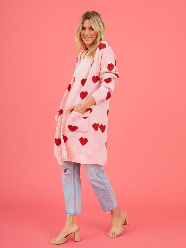 knitted love pocket V-neck mid-length cardigan kakaclo