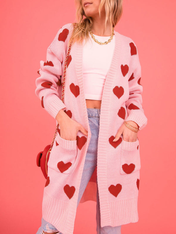 knitted love pocket V-neck mid-length cardigan kakaclo