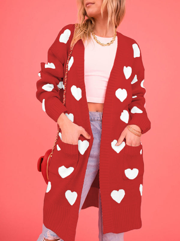 knitted love pocket V-neck mid-length cardigan kakaclo