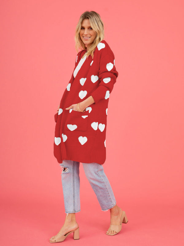 knitted love pocket V-neck mid-length cardigan kakaclo