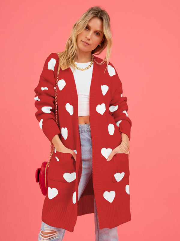 knitted love pocket V-neck mid-length cardigan kakaclo